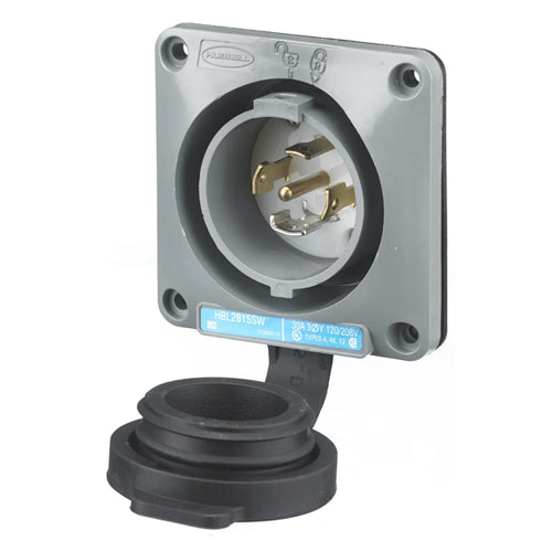 Hubbell HBL2815SW, Watertight Safety-Shroud Flanged Inlets, Gray Housing and Flange, 30A 120/208V, L21-30P, 3 Phase, 4-Pole 5-Wire Grounding