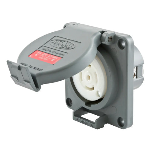 Hubbell HBL2820SW, Watertight Safety-Shroud Receptacles, Gray Housing and Flange, Back Wired, 30A 277/480V, L22-30R, 3 Phase, 4-Pole 5-Wire Grounding