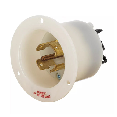 Hubbell HBL2825ST, Insulgrip Flanged Inlets, Spring Terminal, Nylon Casing, Back Wired, 30A 277/480V, L22-30P, 3 Phase, 4-Pole 5-Wire Grounding