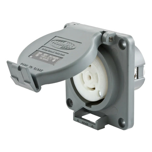 Hubbell HBL2830SW, Watertight Safety-Shroud Receptacles, Gray Housing and Flange, Back Wired, 30A 347/600V, L23-30R, 3 Phase, 4-Pole 5-Wire Grounding