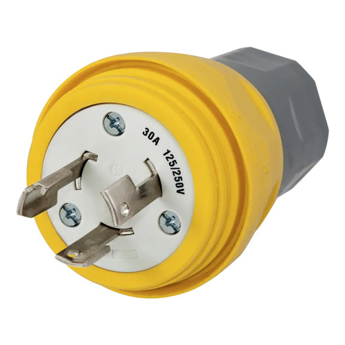 Hubbell HBL28W08, Watertight Twist-Lock Male Plug, Non-NEMA, 30A 125/250V, 1-Phase, 3-Pole 3-Wire Grounding, Yellow