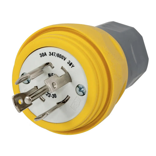 Hubbell HBL28W83, Watertight Twist-Lock Male Plug, 30A 347/600V, L23-30P, 3-Phase, 4-Pole 5-Wire Grounding, Yellow