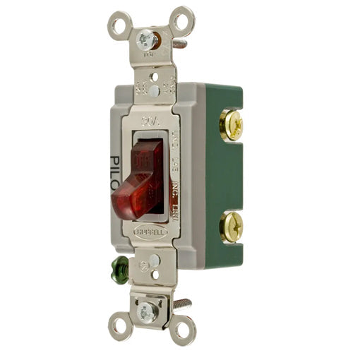 Hubbell HBL3031PL, Industrial Grade, Pilot Light Toggle Switch, Single Pole, 30A 120/277V AC, Back and Side Wired, Red