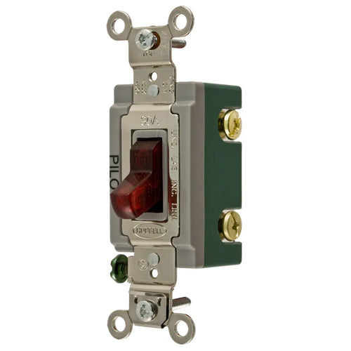 Hubbell HBL3032PL,  Industrial Grade, Pilot Light Toggle Switch, Double Pole, 30A 120/277V AC, Back and Side Wired, Red