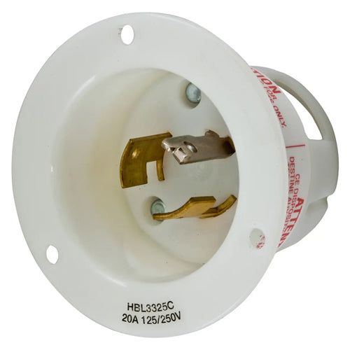 Hubbell HBL3325C, Insulgrip Flanged Inlets, Nylon Casing, Back Wired, 20A 125/250V, 3-Pole 3-Wire Non-Grounding