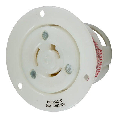 Hubbell HBL3326C, Flanged Receptacles, Nylon Casing, Back Wired, Non-NEMA, 20A 125/250V, 3-Pole 3-Wire Non-Grounding