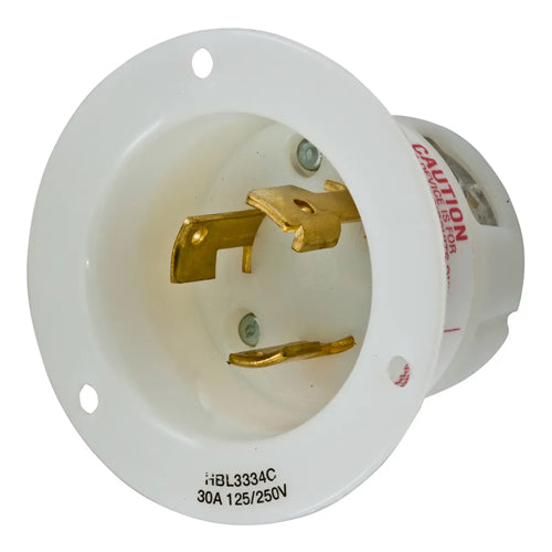 Hubbell HBL3334C, Insulgrip Flanged Inlets, Nylon Casing, Back Wired, 30A 125/250V, 3-Pole 3-Wire Non-Grounding