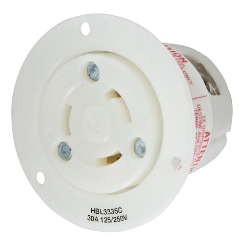 Hubbell HBL3335C, Flanged Receptacles, Nylon Casing, Back Wired, Non-NEMA, 30A 125/250V, 3-Pole 3-Wire Non-Grounding