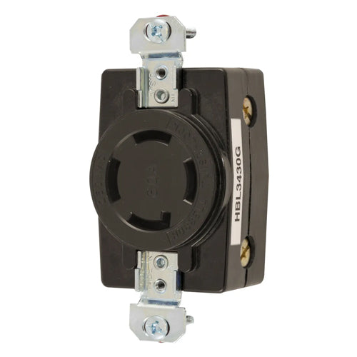 Hubbell HBL3430G, Single Flush Receptacles, Black Thermoset, Back Wired, 30A 250V, 3 Phase, 3-Pole 4-Wire Grounding