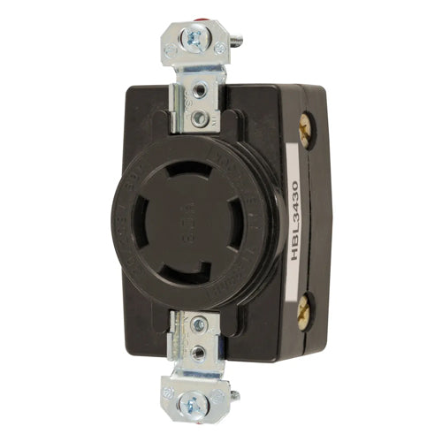 Hubbell HBL3430, Single Flush Receptacles, Black Thermoset, Back Wired, 30A 120/208V, 3 Phase, 4-Pole 4-Wire Non-Grounding