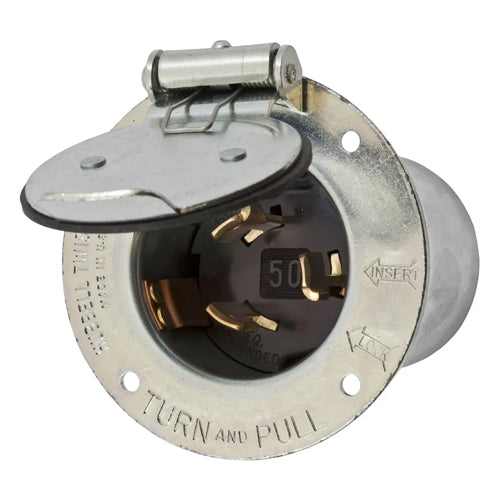 Hubbell HBL3768, Flanged Inlets, Zinc Plated Steel Casing, Thermoset Interior with Self Closing Weather Protective Lift Cover, 50A 250VDC/600AC, 3 Pole 4 Wire Grounding