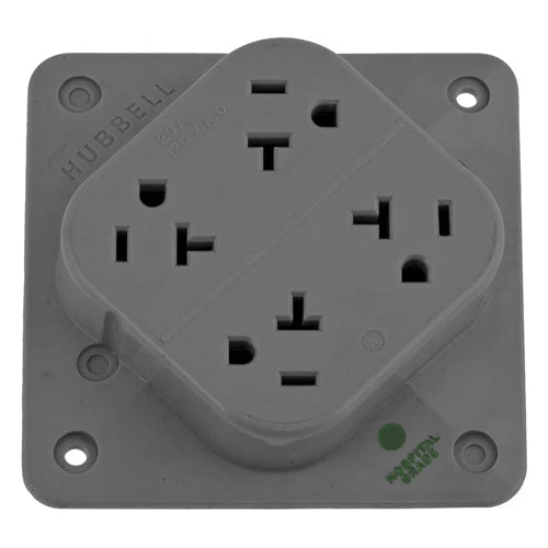 Hubbell HBL420HGY, 4-PLEX Hospital Grade Receptacles, 4 Outlet High Impact Resistant Polycarbonate Construction, Mount to 4 in. Square Box, 20A, 125V, 5-20R, 2-Pole 3-Wire Grounding, Gray