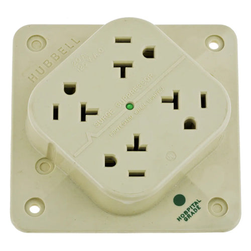 Hubbell HBL420HIS, 4-PLEX Surge Protection Hospital Grade Receptacles, with Lights, 80 Joules, 6.5kA Peak Current, 20A, 125V, 5-20R, 2-Pole 3-Wire Grounding, Ivory