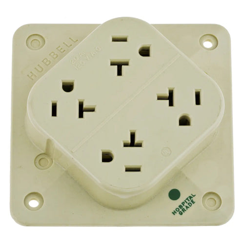 Hubbell HBL420HI, 4-PLEX Hospital Grade Receptacles, 4 Outlet High Impact Resistant Polycarbonate Construction, Mount to 4 in. Square Box, 20A, 125V, 5-20R, 2-Pole 3-Wire Grounding, Ivory