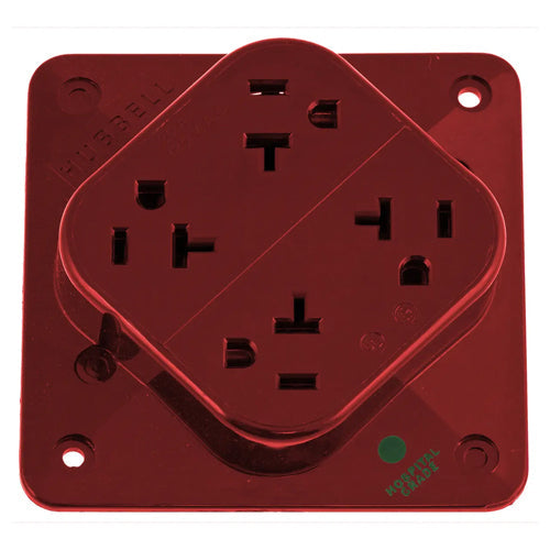 Hubbell HBL420HR, 4-PLEX Hospital Grade Receptacles, 4 Outlet High Impact Resistant Polycarbonate Construction, Mount to 4 in. Square Box, 20A, 125V, 5-20R, 2-Pole 3-Wire Grounding, Red