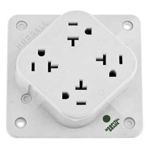 Hubbell HBL420HW, 4-PLEX Hospital Grade Receptacles, 4 Outlet High Impact Resistant Polycarbonate Construction, Mount to 4 in. Square Box, 20A, 125V, 5-20R, 2-Pole 3-Wire Grounding, White