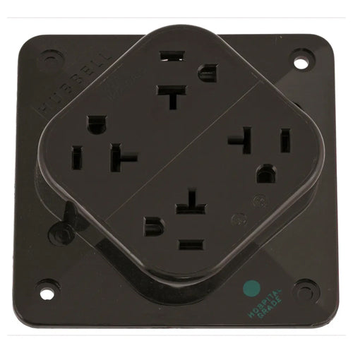 Hubbell HBL420H, 4-PLEX Hospital Grade Receptacles, 4 Outlet High Impact Resistant Polycarbonate Construction, Mount to 4 in. Square Box, 20A, 125V, 5-20R, 2-Pole 3-Wire Grounding, Brown