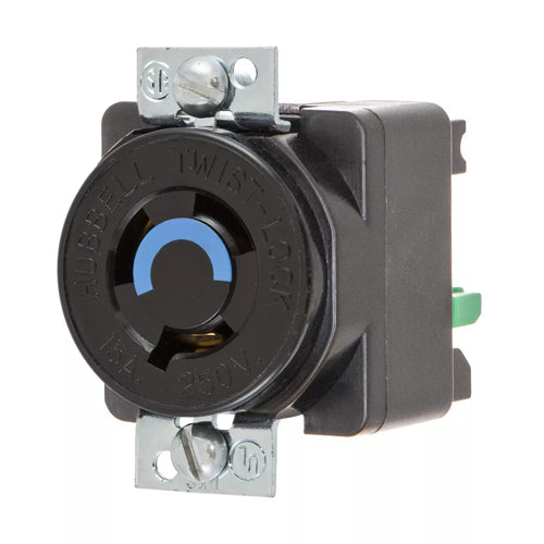 Hubbell HBL4563ST, Single Receptacles, Panel Mount, Black Nylon Face, Spring Termination, 1.75" or 1.937" (44.5 or 49.2) Mounting Centers, 15A 250V, L6-15R, 2-Pole 3-Wire Grounding