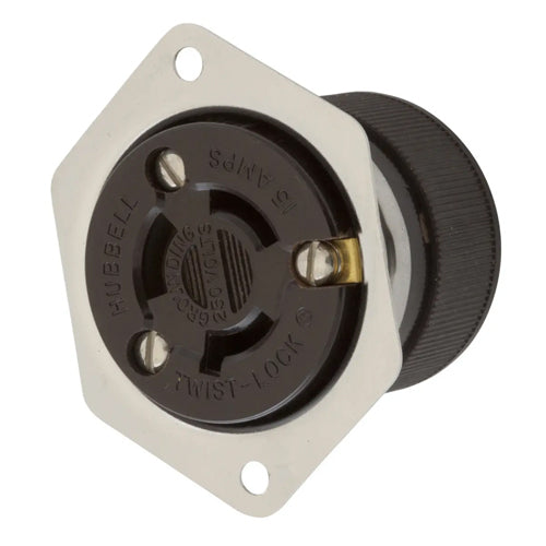 Hubbell HBL4585, Flanged Receptacles, Stainless Steel Casing, Brown Phenolic, 15A 250V, L6-15R, 2-Pole 3-Wire Grounding