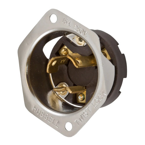 Hubbell HBL4586, Flanged Inlets, Stainless Steel Casing, Brown Phenolic, 15A 250V, L6-15P, 2-Pole 3-Wire Grounding