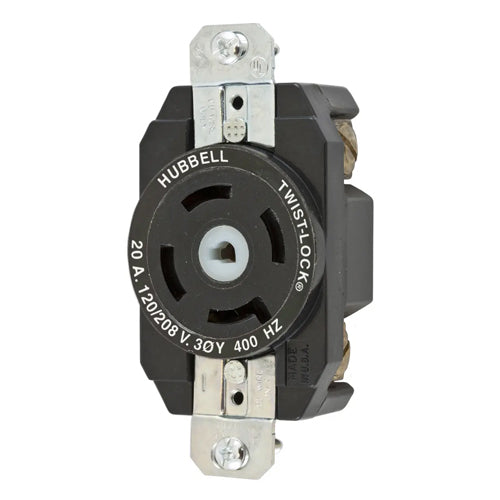 Hubbell HBL45905, Variload Flush Receptacle, Unique Center Pin, Black Urea Face, 20A 120/208VAC, 3 Phase, 400Hz, 4-Pole 5-Wire Grounding