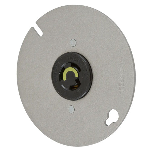 Hubbell HBL4711, Single Flush Receptacles, Black Nylon Face, Mounted on a 4" (101.6) Round Box Cover, Back and Side Wired, 15A 125V, L5-15R, 2-Pole 3-Wire Grounding