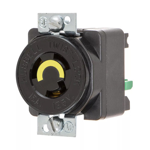 Hubbell HBL4713ST, Single Receptacles, Panel Mount, Black Nylon Face, Spring Termination, 1.75" or 1.937" (44.5 or 49.2) Mounting Centers, 15A 125V, L5-15R, 2-Pole 3-Wire Grounding