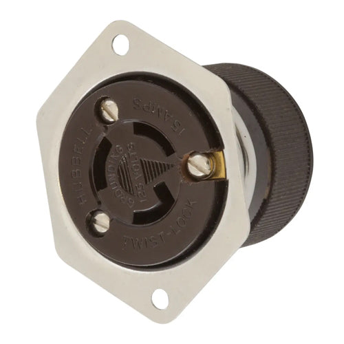 Hubbell HBL4715, Flanged Receptacles, Stainless Steel Casing, Brown Phenolic, 15A 125V, L5-15R, 2-Pole 3-Wire Grounding