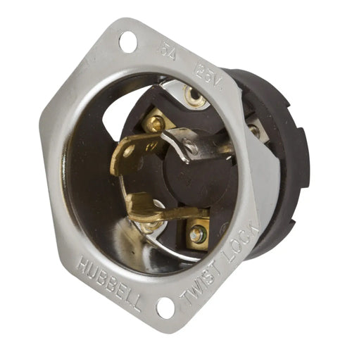 Hubbell HBL4716, Flanged Inlets, Stainless Steel Casing, Brown Phenolic, 15A 125V, L5-15P, 2-Pole 3-Wire Grounding