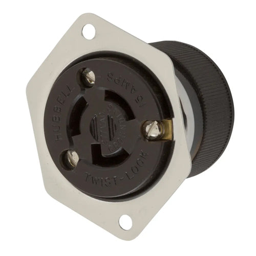 Hubbell HBL4785, Flanged Receptacles, Stainless Steel Casing, Brown Phenolic, 15A 277V, L7-15R, 2-Pole 3-Wire Grounding