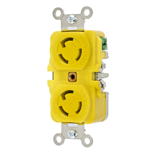 Hubbell HBL47CM00, Duplex Flush Receptacle, Corrosion Resistant, Yellow RTP Face, Back and Side Wired, 15A 125V, L5-15R, 2-Pole 3-Wire Grounding