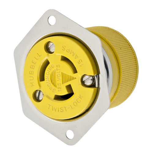 Hubbell HBL47CM15, Flanged Receptacle, Corrosion Resistant, Stainless Steel Casing, Yellow Melamine, 15A 125V, L5-15R, 2-Pole 3-Wire Grounding