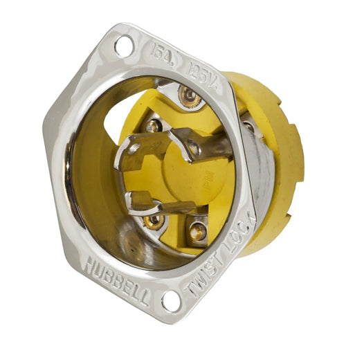 Hubbell HBL47CM16, Flanged Inlet, Corrosion Resistant, Stainless Steel Casing, Yellow Melamine, 15A 125V, L5-15P, 2-Pole 3-Wire Grounding