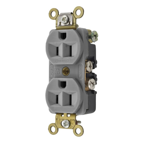 Hubbell HBL5242GY, Extra Heavy Duty Max Compact Duplex Receptacles, Nylon Face, Side Wired only, 15A 125V, 5-15R, 2-Pole 3-Wire Grounding, Gray