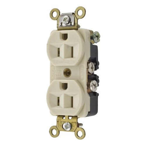 Hubbell HBL5242I, Extra Heavy Duty Max Compact Duplex Receptacles, Nylon Face, Side Wired only, 15A 125V, 5-15R, 2-Pole 3-Wire Grounding, Ivory