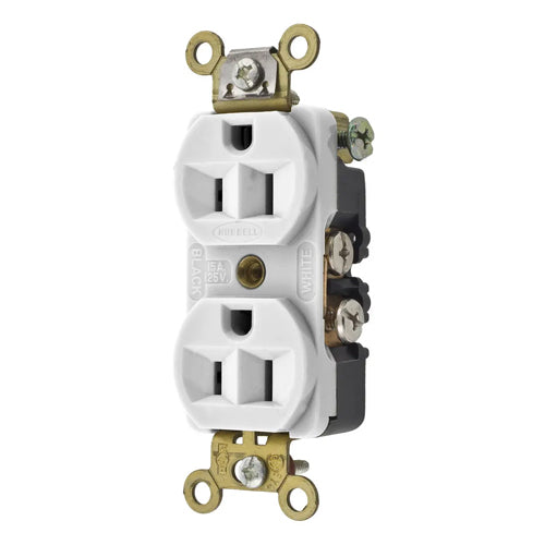 Hubbell HBL5242W, Extra Heavy Duty Max Compact Duplex Receptacles, Nylon Face, Side Wired only, 15A 125V, 5-15R, 2-Pole 3-Wire Grounding, White