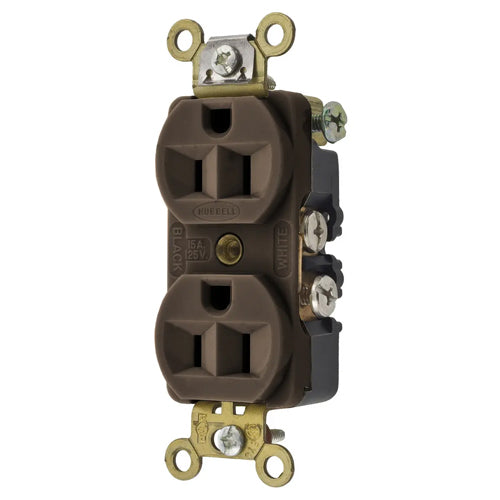 Hubbell HBL5242, Extra Heavy Duty Max Compact Duplex Receptacles, Nylon Face, Side Wired only, 15A 125V, 5-15R, 2-Pole 3-Wire Grounding, Brown