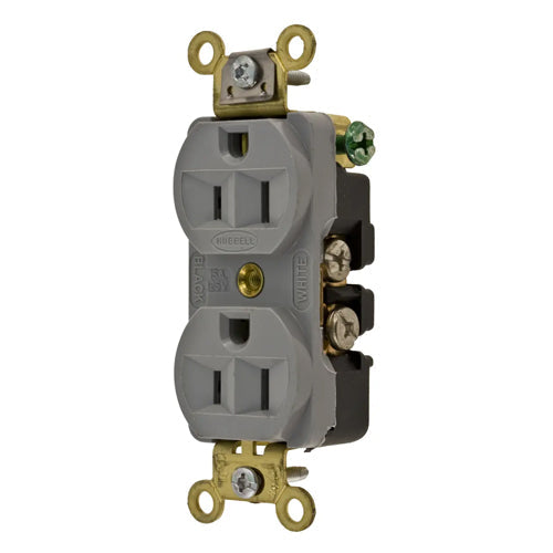 Hubbell HBL5252GY, Extra Heavy Duty Max Duplex Compact Receptacles, Industrial Grade, Back and Side Wired, 15A 125V, 5-15R, 2-Pole 3-Wire Grounding, Gray