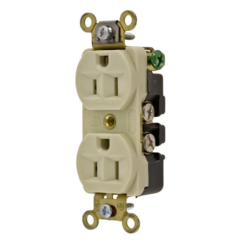 Hubbell HBL5252I, Extra Heavy Duty Max Duplex Compact Receptacles, Industrial Grade, Back and Side Wired, 15A 125V, 5-15R, 2-Pole 3-Wire Grounding, Ivory