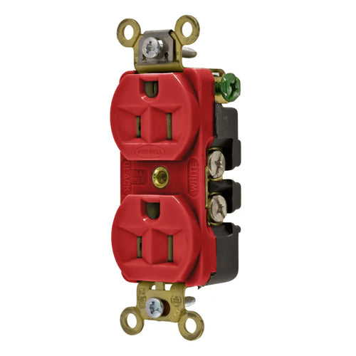 Hubbell HBL5252R, Extra Heavy Duty Max Duplex Compact Receptacles, Industrial Grade, Back and Side Wired, 15A 125V, 5-15R, 2-Pole 3-Wire Grounding, Red