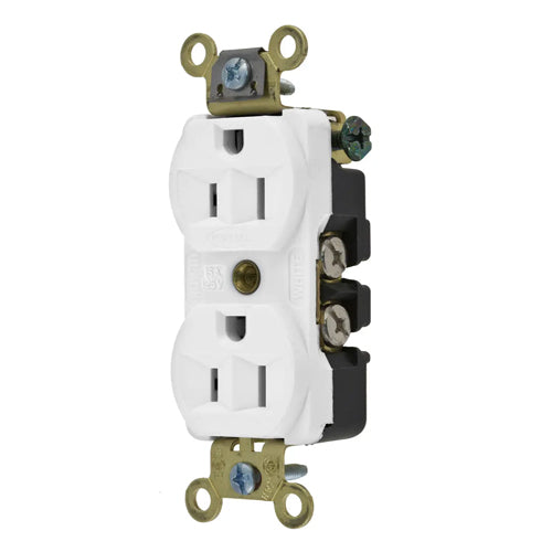 Hubbell HBL5252W, Extra Heavy Duty Max Duplex Compact Receptacles, Industrial Grade, Back and Side Wired, 15A 125V, 5-15R, 2-Pole 3-Wire Grounding, White