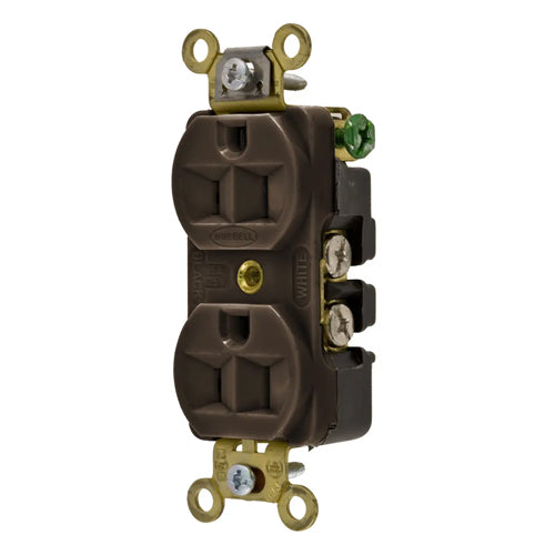 Hubbell HBL5252, Extra Heavy Duty Max Duplex Compact Receptacles, Industrial Grade, Back and Side Wired, 15A 125V, 5-15R, 2-Pole 3-Wire Grounding, Brown