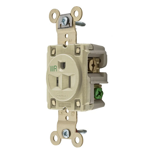 Hubbell HBL5261IWR, Extra Heavy Duty Max Industrial Grade Single Receptacles, Weather Resistant, Back and Side Wired, 15A 125V, 5-15R, 2-Pole 3-Wire Grounding, Ivory