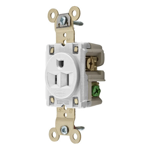 Hubbell HBL5261WRT, Extra Heavy Duty MAX Single Industrial Grade Receptacles, Ring Terminal Connection, 15A 125V, 5-15R, 2-Pole 3-Wire Grounding, White