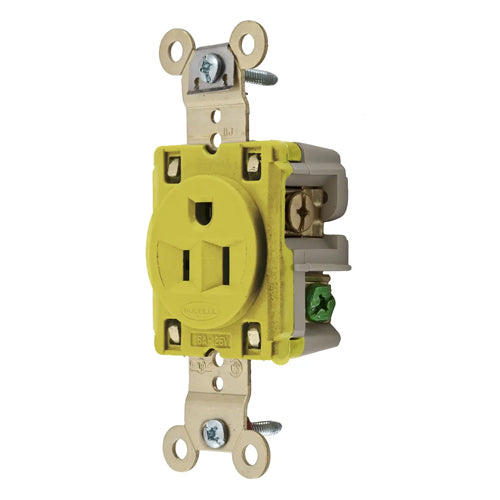 Hubbell HBL5261YRT, Extra Heavy Duty MAX Single Industrial Grade Receptacles, Ring Terminal Connection, 15A 125V, 5-15R, 2-Pole 3-Wire Grounding, Yellow