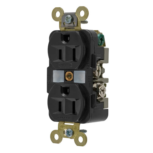 Hubbell HBL5262BK, Extra Heavy Duty Max Industrial Grade Duplex Receptacles, Finder Groove Face, Back and Side Wired, 15A 125V, 5-15R, 2-Pole 3-Wire Grounding, Black