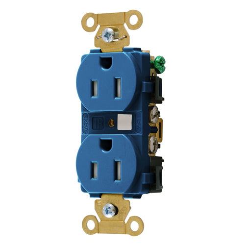 Hubbell HBL5262BLTR, Extra Heavy Duty Max Industrial Grade Duplex Receptacles, Tamper Resistant, Back and Side Wired, 15A 125V, 5-15R, 2-Pole 3-Wire Grounding, Blue