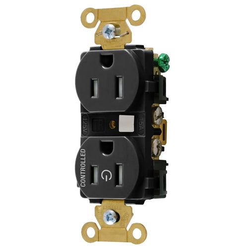 Hubbell HBL5262C1BLKTR, Permanently Marked Extra Heavy Duty Standard Duplex Receptacles, Tamper Resistant, One Controlled Face, Split Circuit, 15A 125V, 5-15R, 2-Pole 3-Wire Grounding, Black