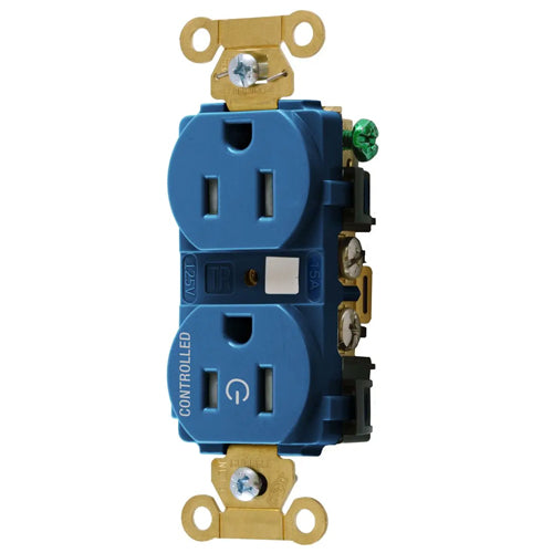 Hubbell HBL5262C1BLTR, Permanently Marked Extra Heavy Duty Standard Duplex Receptacles, Tamper Resistant, One Controlled Face, Split Circuit, 15A 125V, 5-15R, 2-Pole 3-Wire Grounding, Blue