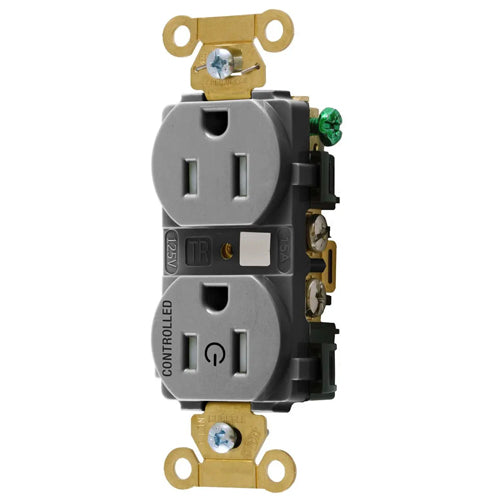 Hubbell HBL5262C1GRYTR, Permanently Marked Extra Heavy Duty Standard Duplex Receptacles, Tamper Resistant, One Controlled Face, Split Circuit, 15A 125V, 5-15R, 2-Pole 3-Wire Grounding, Gray